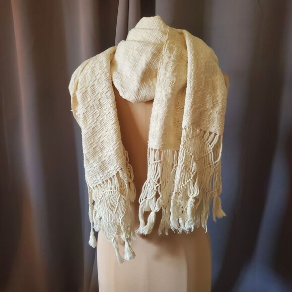 Off-White Cream Weave Shawl Scarf Wrap with Fringe - Picture 15 of 16